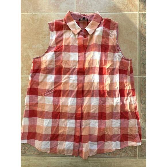 Lafayette 148 New York Tops - Lafayette 148 Red Orange White Plaid Sleeveless Button‎ Down M